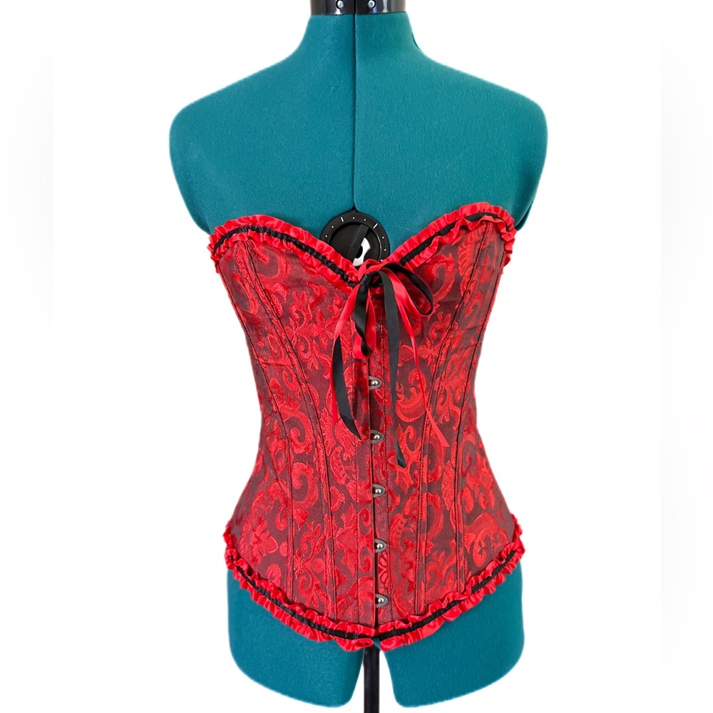 Red Satin Over-bust Semi-plunge Boned Lace Corset Waist Trainer Size L